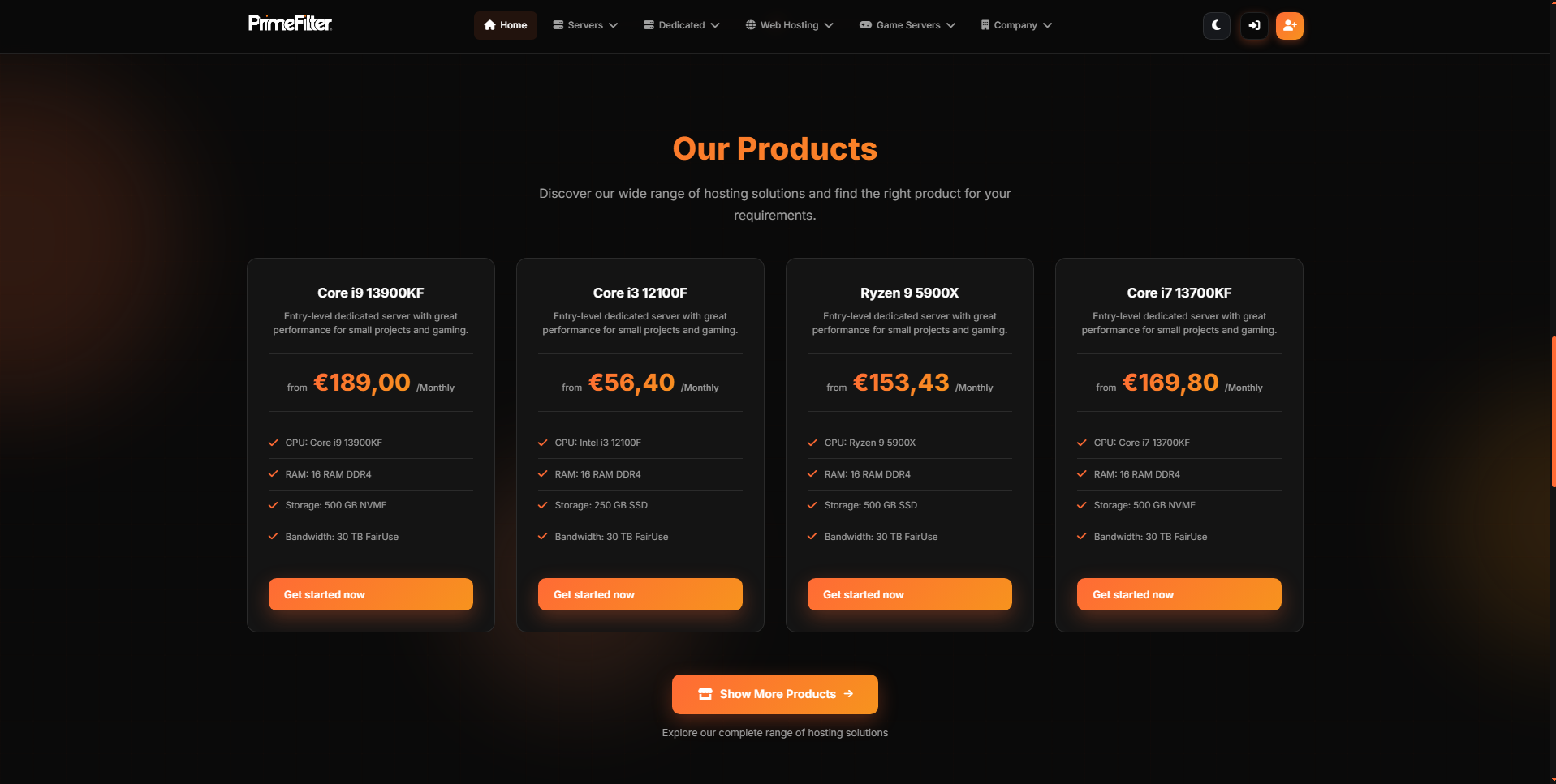 PrimeShield (PrimeFilter) Hosting Website - Products section