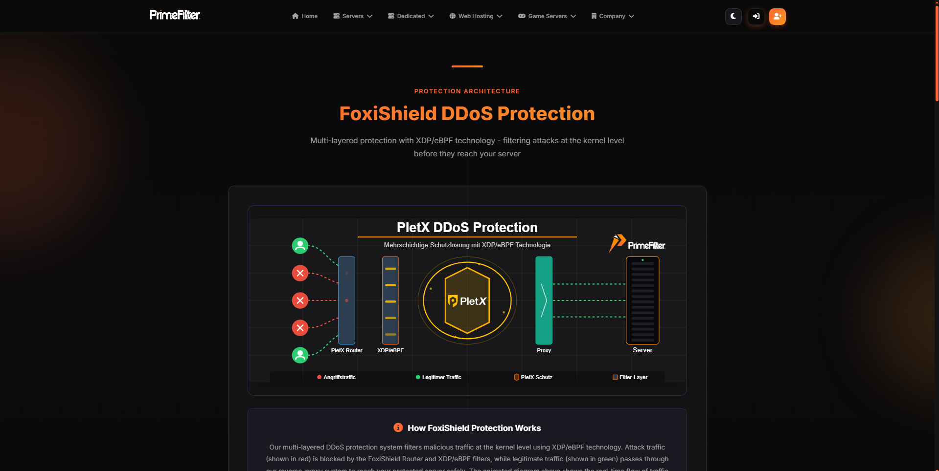PrimeShield (PrimeFilter) Hosting Website - DDoS protection features