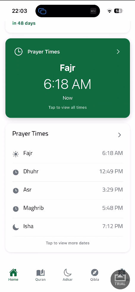 Adkar - Islamic Mobile App - Prayer Times Display