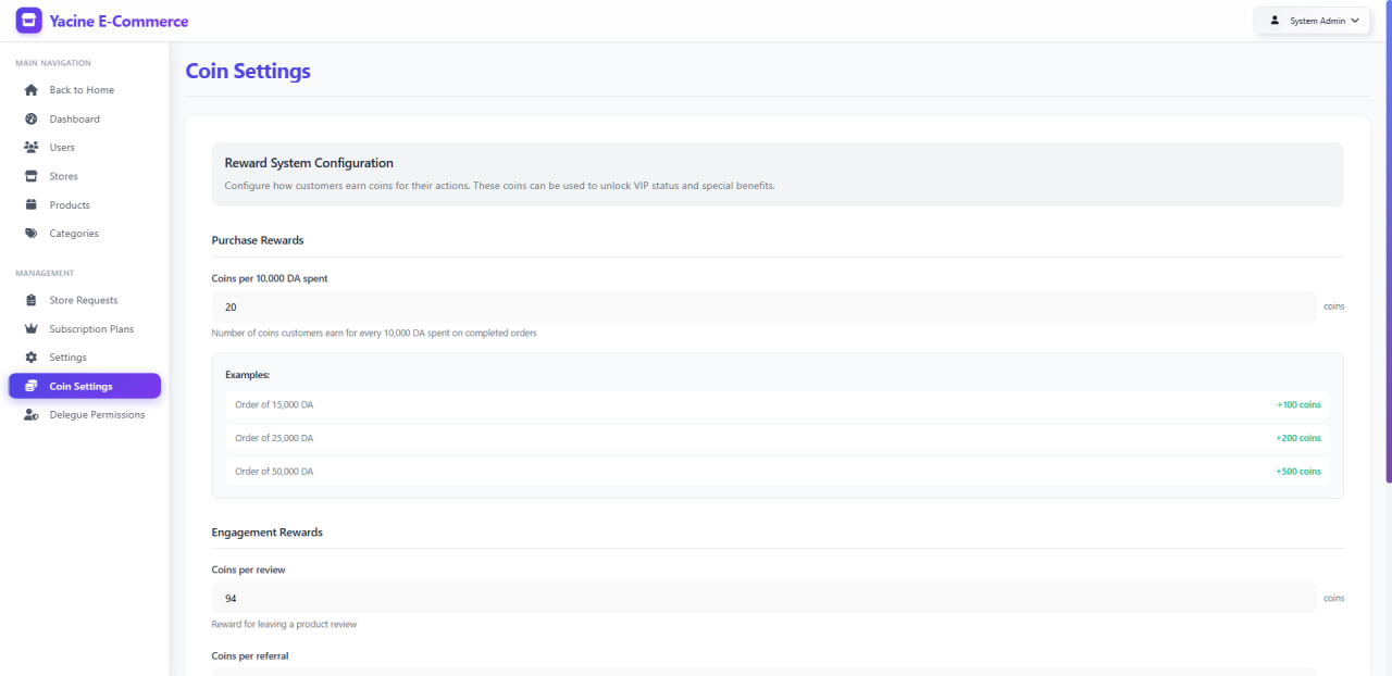 Smothy Commerce - Multi-Vendor E-Commerce Platform - Coin Settings - Loyalty reward system configuration