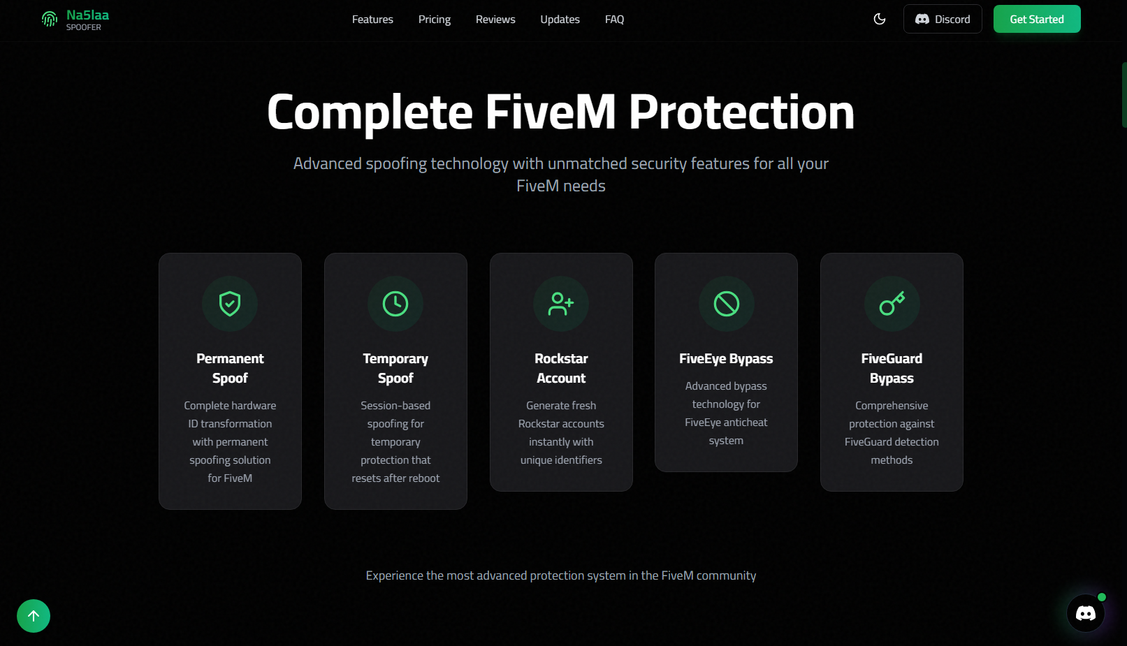 Na5la Hardware Virtualizer - FiveM Spoofer Platform - Features section showcasing protection capabilities
