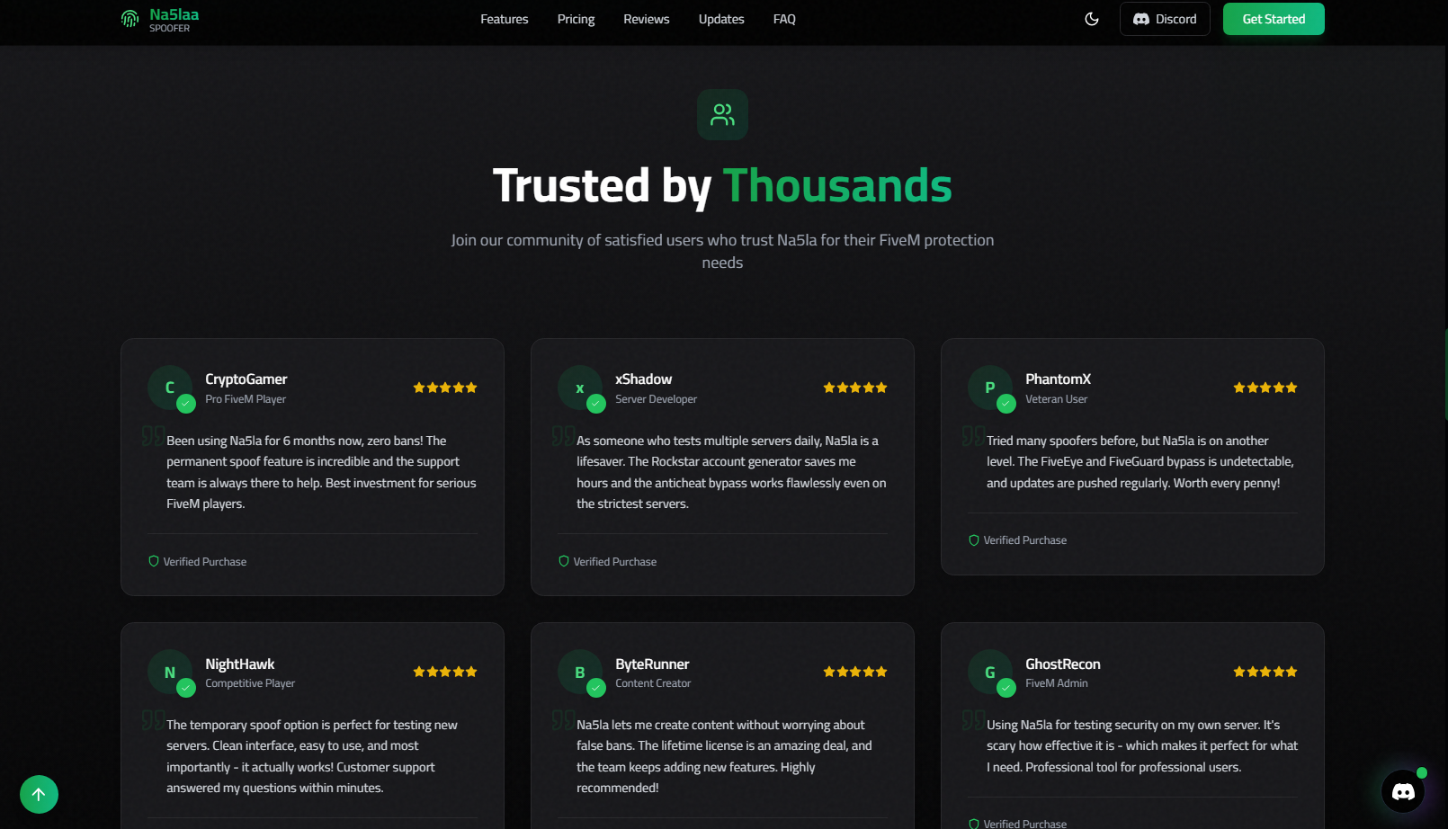 Na5la Hardware Virtualizer - FiveM Spoofer Platform - Customer testimonials with animated carousel