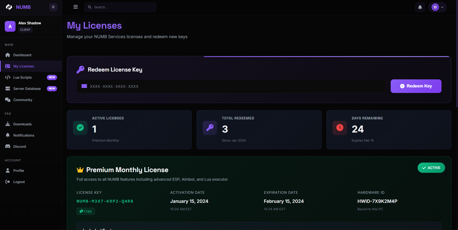 NUMB Services - Premium FiveM Gaming Enhancement Platform - License Management - Active subscriptions with HWID tracking and device management