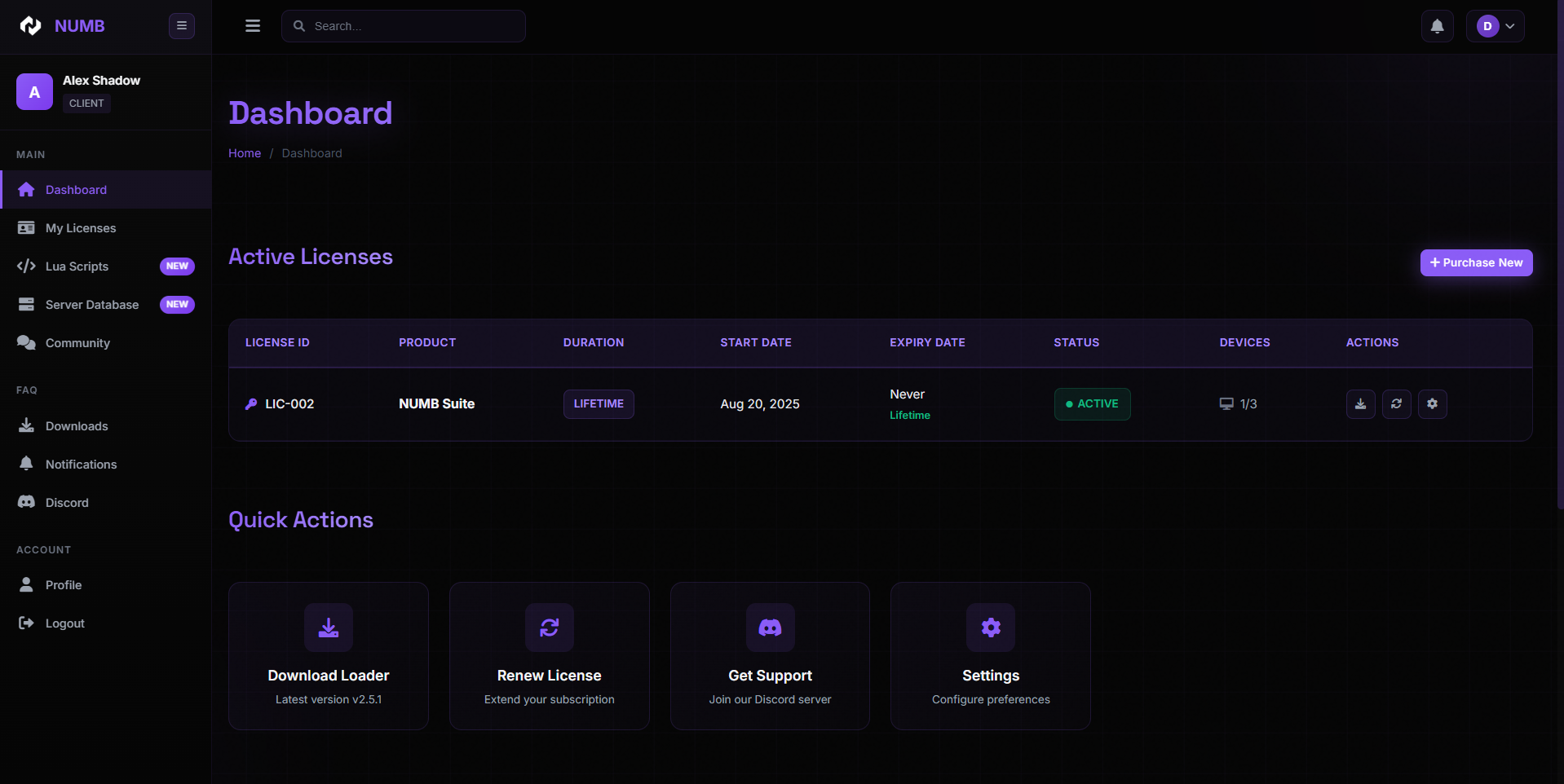 NUMB Services - Premium FiveM Gaming Enhancement Platform - Client Dashboard - Main interface for license management and quick access to features