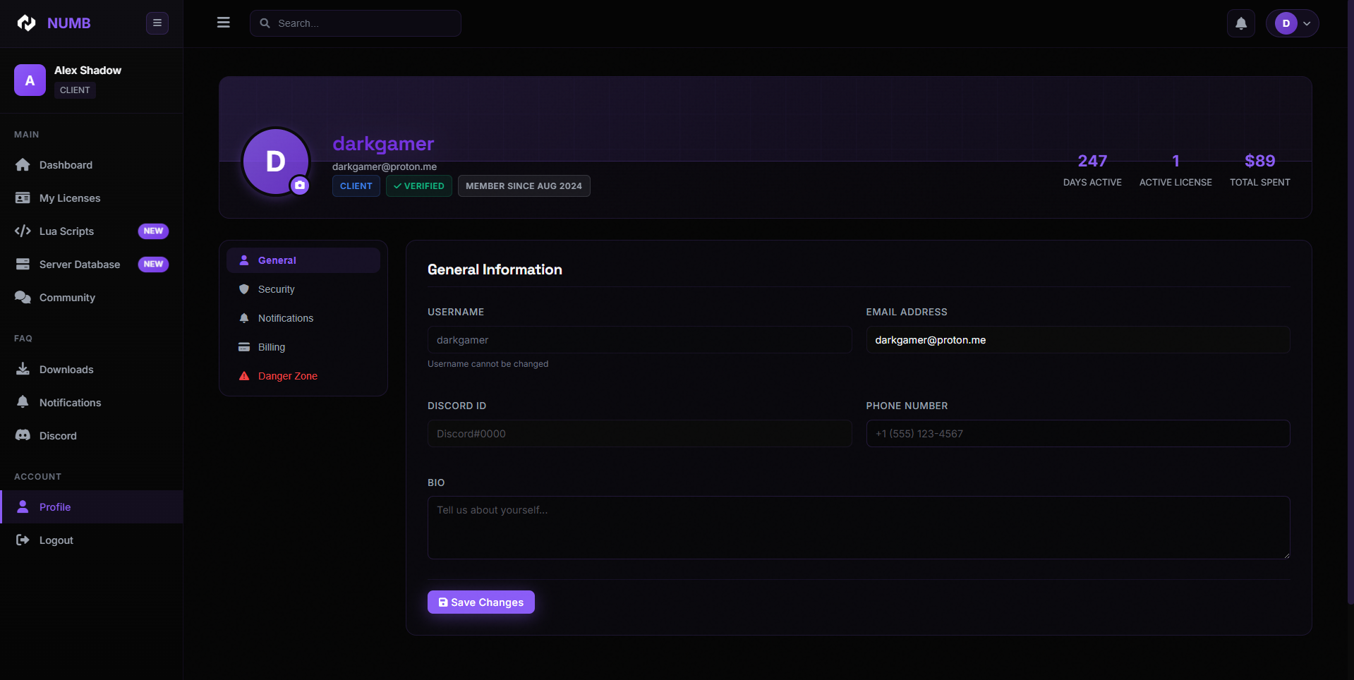 NUMB Services - Premium FiveM Gaming Enhancement Platform - User Profile - Account customization and security settings management