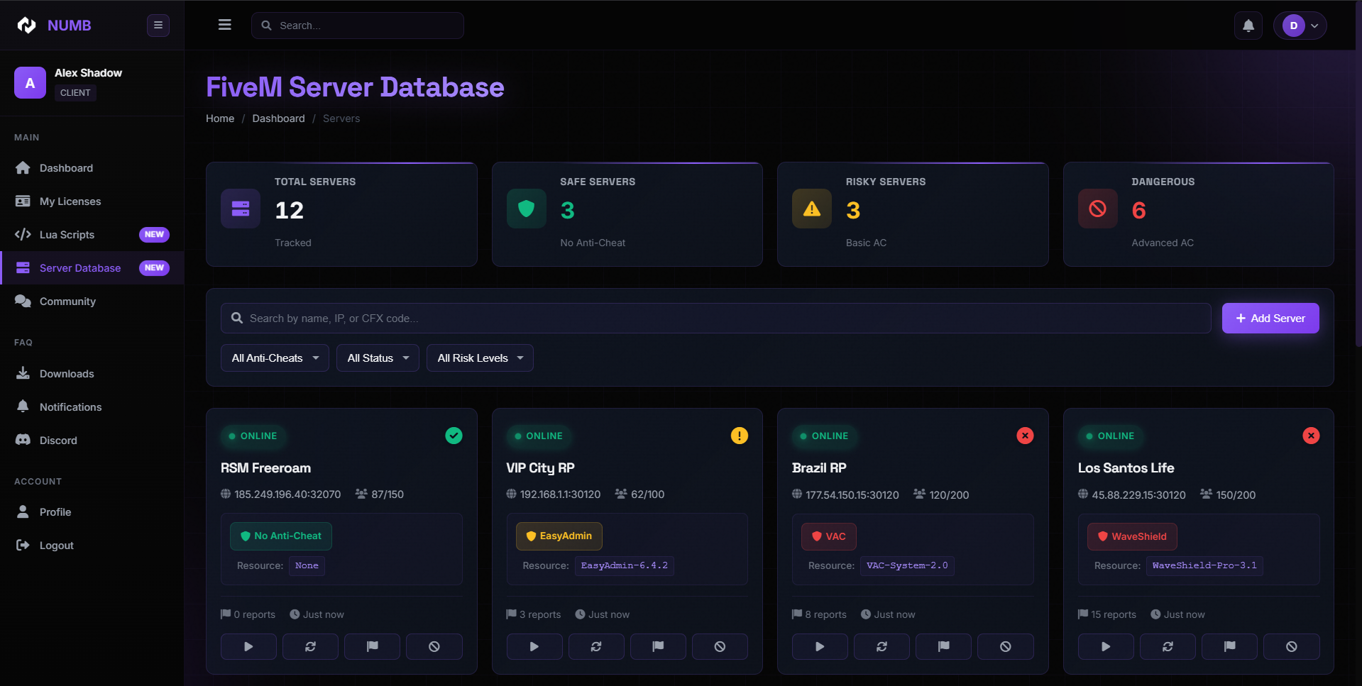 NUMB Services - Premium FiveM Gaming Enhancement Platform - Server Database - Browse and search FiveM servers with detailed information