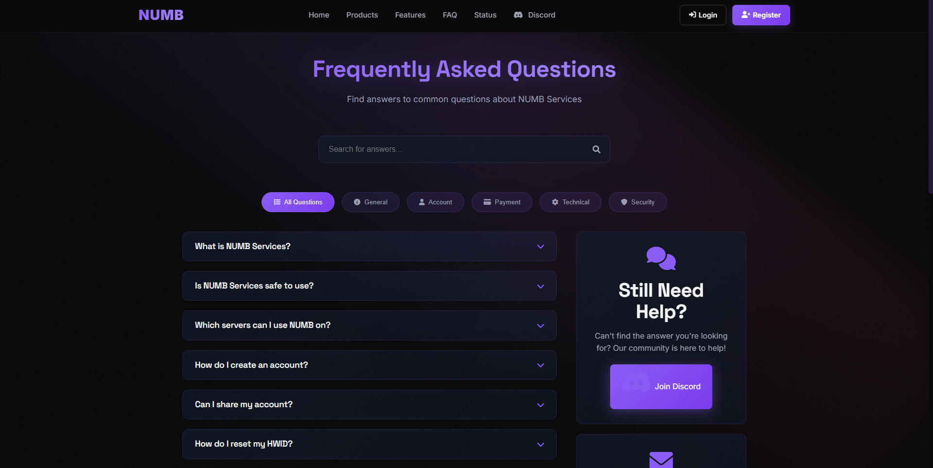 NUMB Services - Premium FiveM Gaming Enhancement Platform - FAQ Section - Comprehensive knowledge base with troubleshooting guides