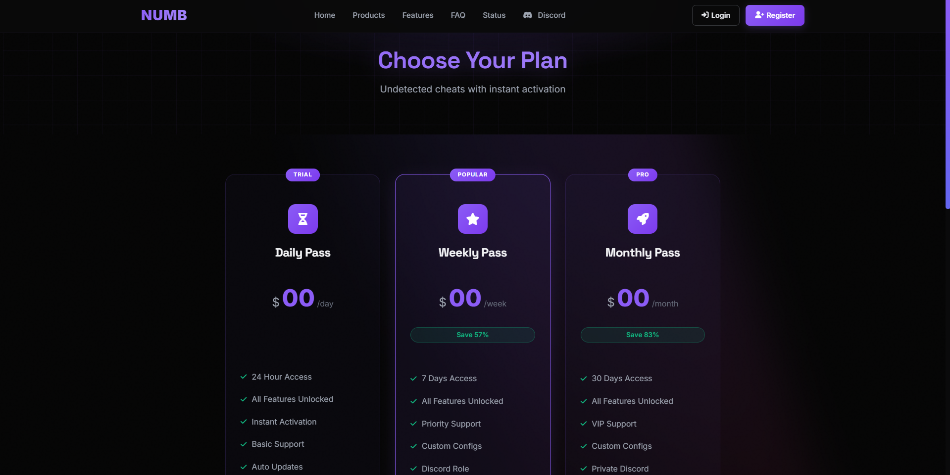 NUMB Services - Premium FiveM Gaming Enhancement Platform - Products Page - Feature showcase with detailed pricing tiers and comparisons