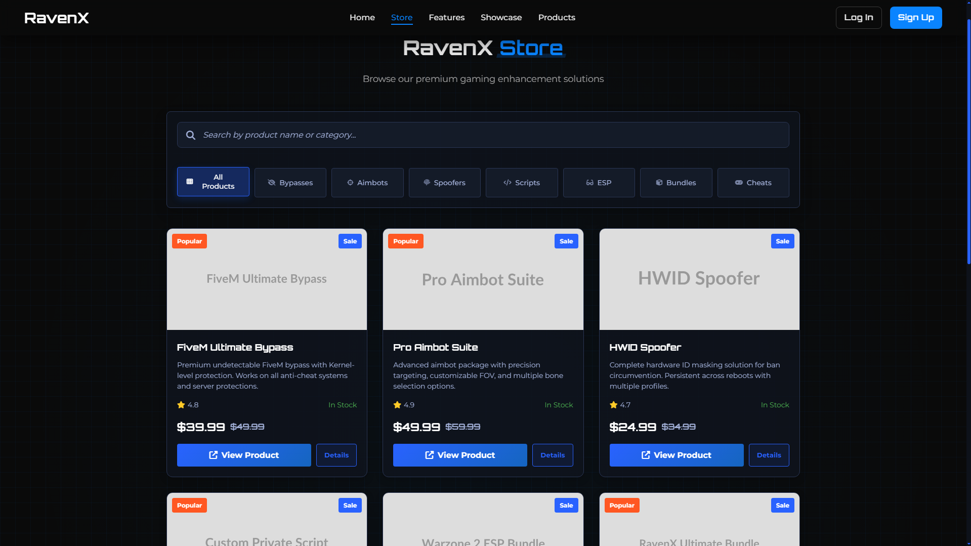 RavenX Gaming Cheats Platform - Store page with available products