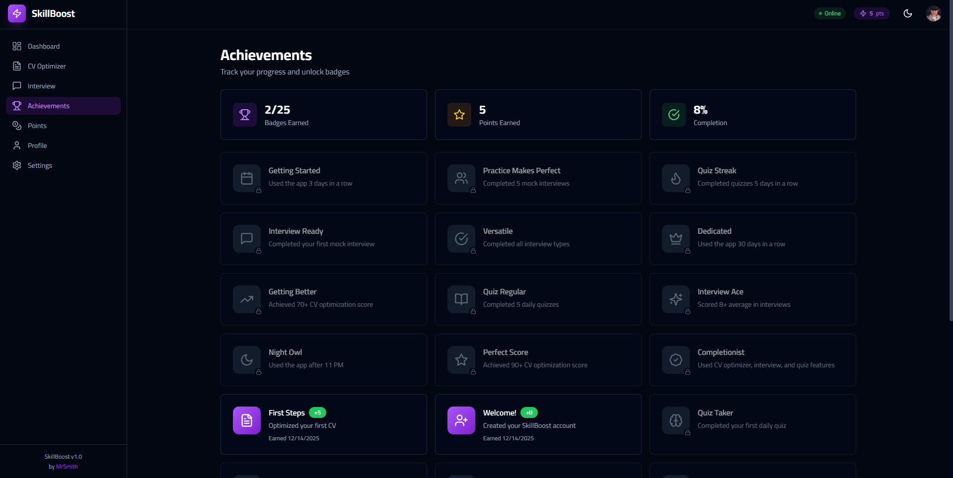 SkillBoost - AI-Powered Career Development Platform - Achievements and badges system