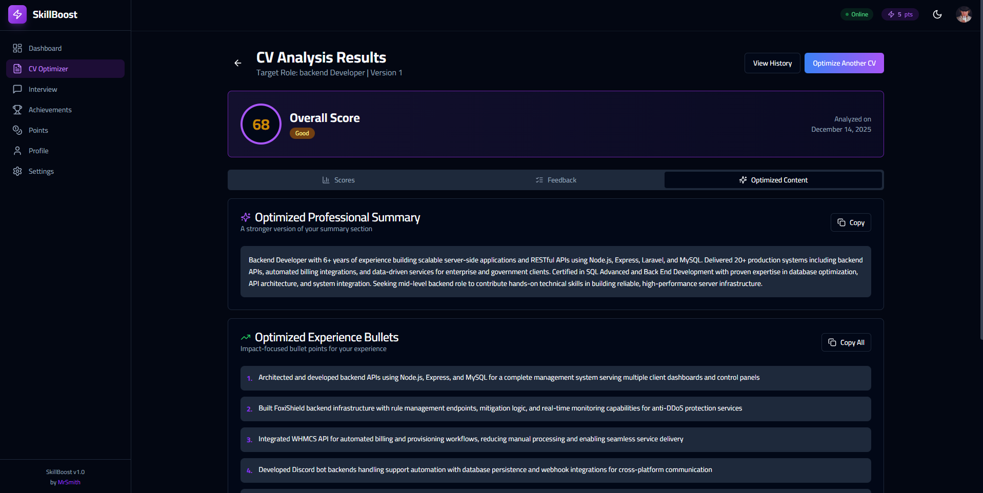 SkillBoost - AI-Powered Career Development Platform - CV analysis results with scores and feedback