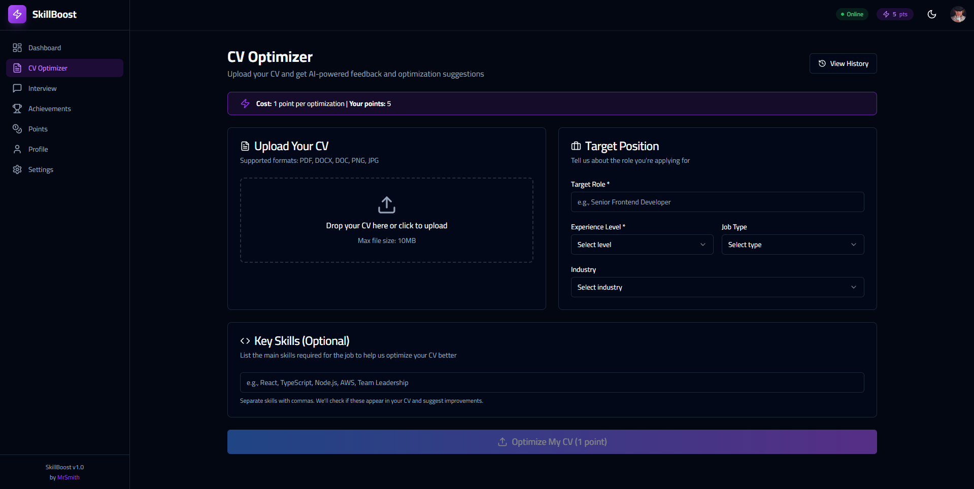 SkillBoost - AI-Powered Career Development Platform - CV Optimizer upload interface