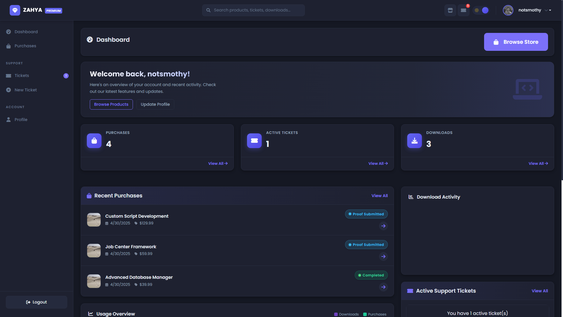 Zahya Dev - FiveM Script Marketplace & Support Platform - User dashboard with purchase history and downloads