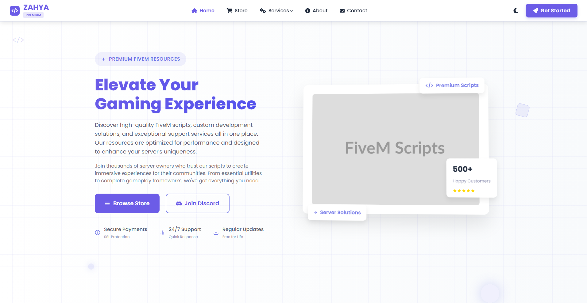 Zahya Dev - FiveM Script Marketplace & Support Platform - Homepage with product showcase and featured items